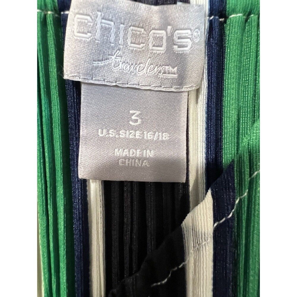 Chico's Travelers 3 XL 16-18 Green & Blue Striped Open Front Pleated Long Jacket - Picture 7 of 9